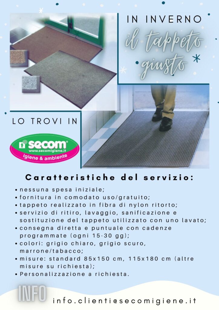 Il servizio del tappeto può essere mensile o quindicinale. Disponibile anche nella versione personalizzata con il logo, di varie dimensioni e colori.